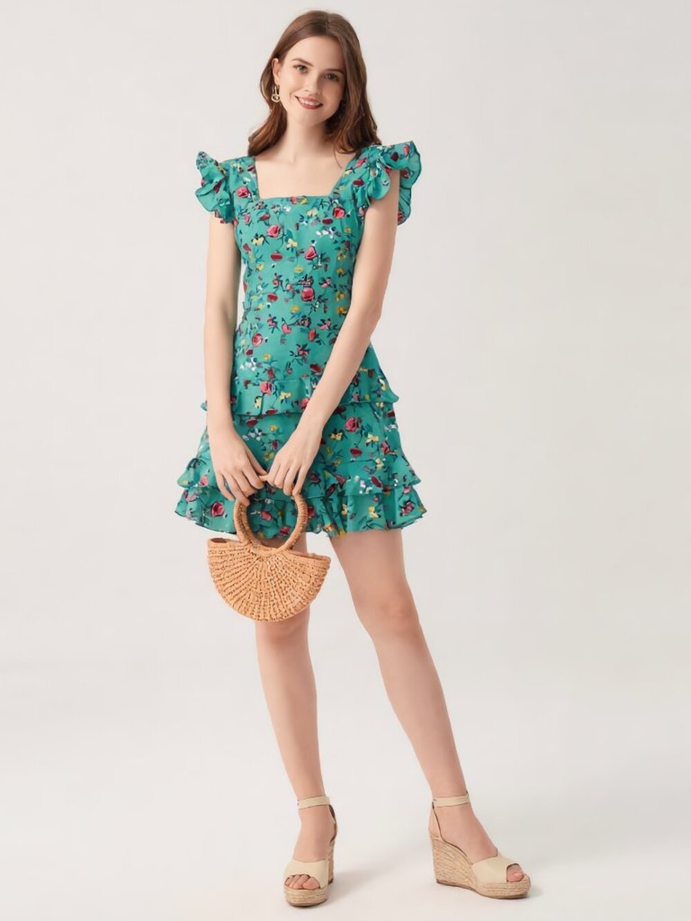 NWT Lottie & Holly BOG Collect. Green Floral Ruffle Tier Mini Dress M Tie Waist